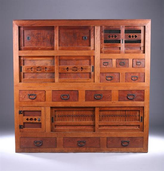 Appraisal: JAPANESE WOOD ZELKOVA KEYAKI TANSU Meiji period Of rectangular-form with