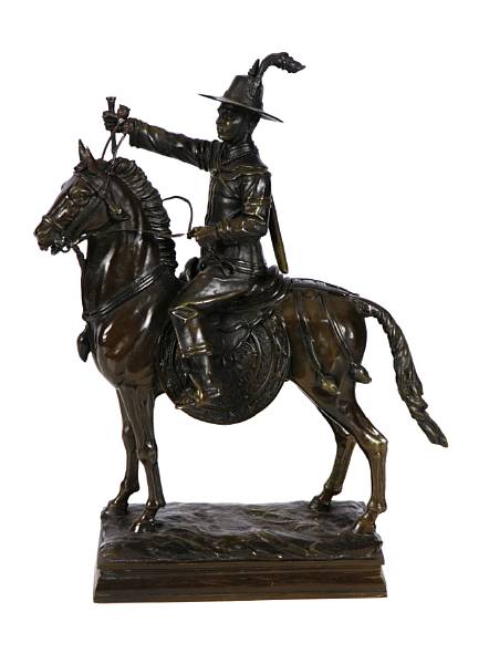 Appraisal: A patinated bronze figure of a man on a horse