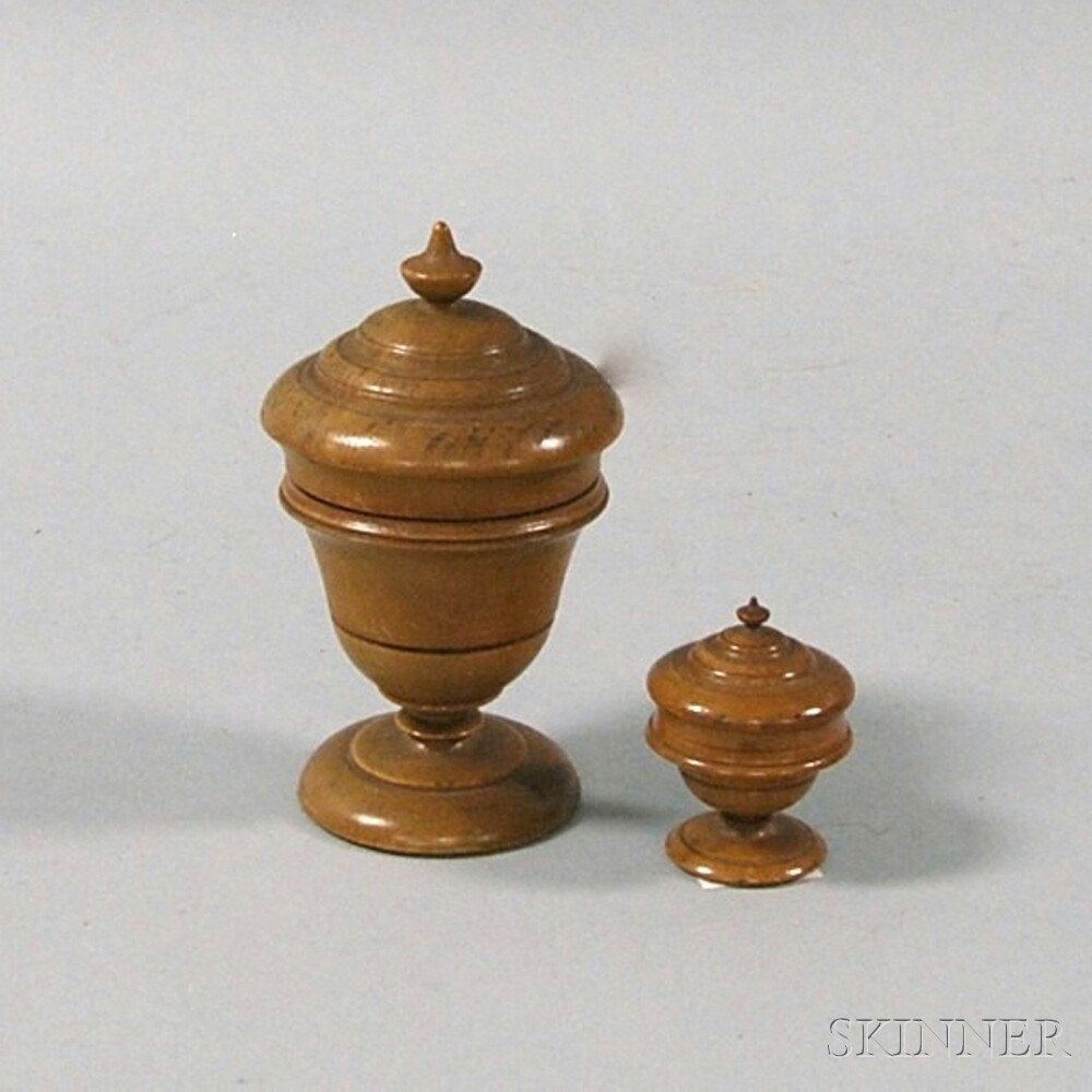 Appraisal: Two Small Turned Maple Peaseware Covered Urn-form Containers probably Ohio