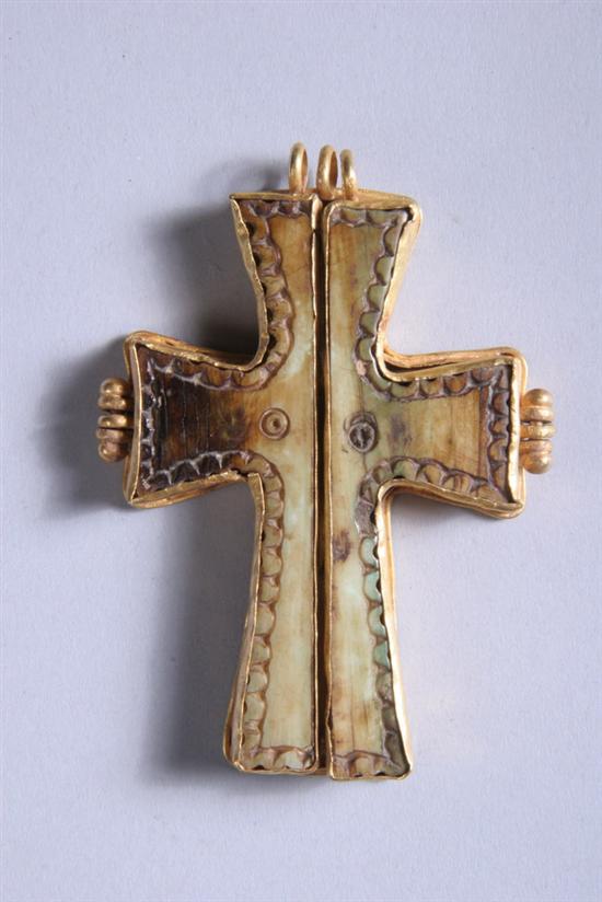 Appraisal: BYZANTINE RELIQUARY GOLD AND IVORY CROSS Circa th century -