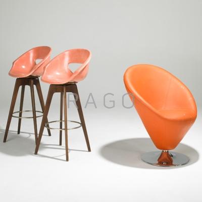 Appraisal: MODERN Pair of shell bar stools and Panton-style cone chair