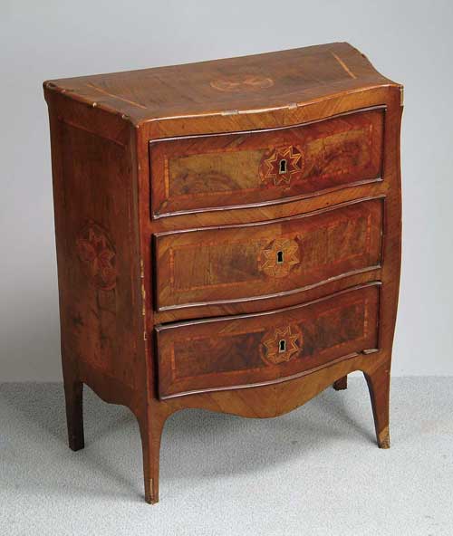 Appraisal: THREE DRAWER INLAID WALNUT CONTINENTAL CHEST Small chest with walnut