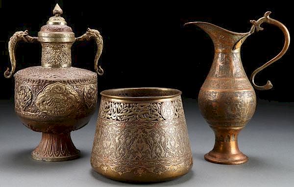 Appraisal: INDO-PERSIAN BRASS AND COPPER VESSELS A GROUP OF THREE INDO-PERSIAN