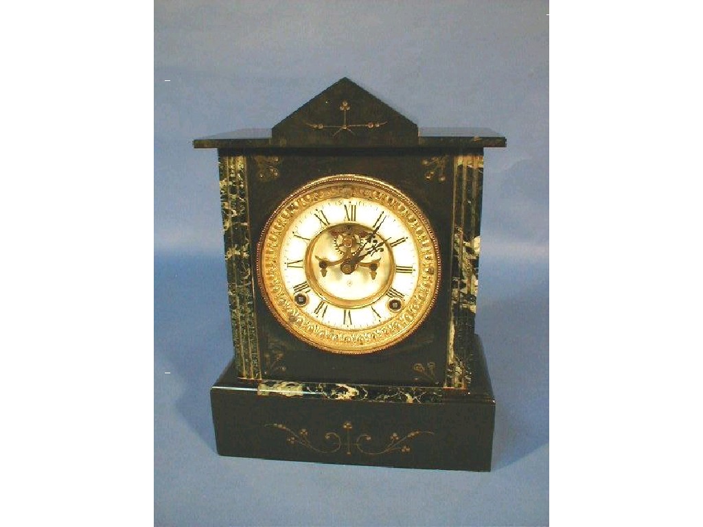 Appraisal: An American slate and dark green marble mantel clock of