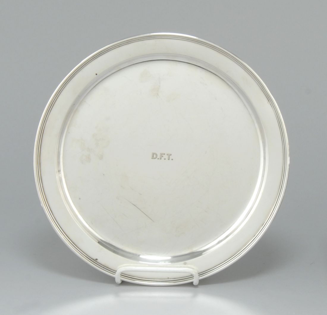 Appraisal: TIFFANY STERLING SILVER CIRCULAR TRAY With ribbed rim Monogrammed DFT