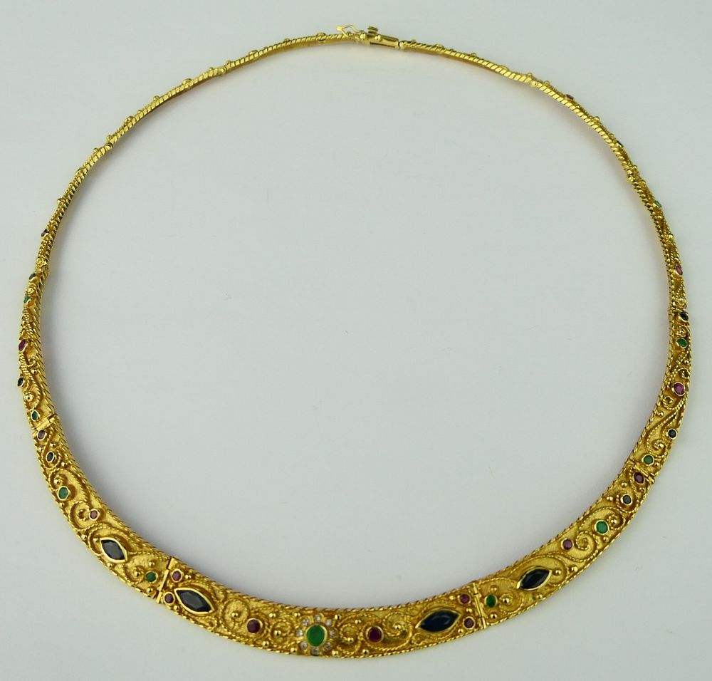 Appraisal: EGYPTIAN REVIVAL KT Y GOLD JEWELED CHOKER Measures across beautifully