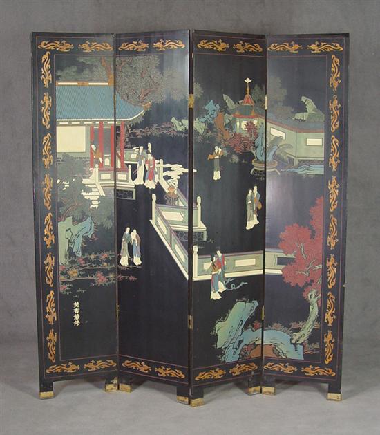 Appraisal: Chinese Coromandel Style Lacquer Screen th Century Four panels with