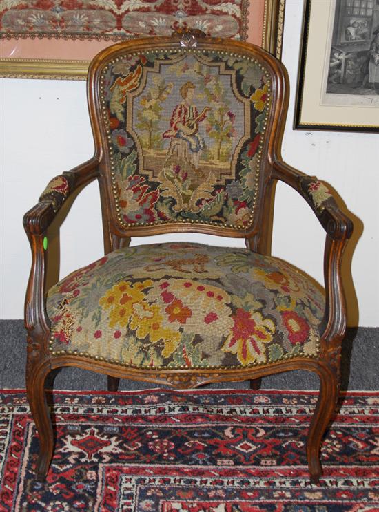 Appraisal: LOUIS XV STYLE CARVED FRUITWOOD NEEDLEPOINT UPHOLSTERED FAUTEUIL Condition th