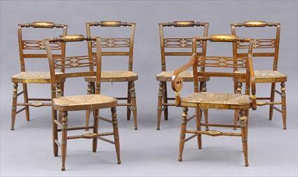 Appraisal: SET OF SIX FEDERAL STENCILED MAPLE FANCY CHAIRS Including armchair