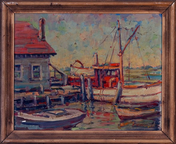 Appraisal: Harbor scene with boats at dock oil on masonite x