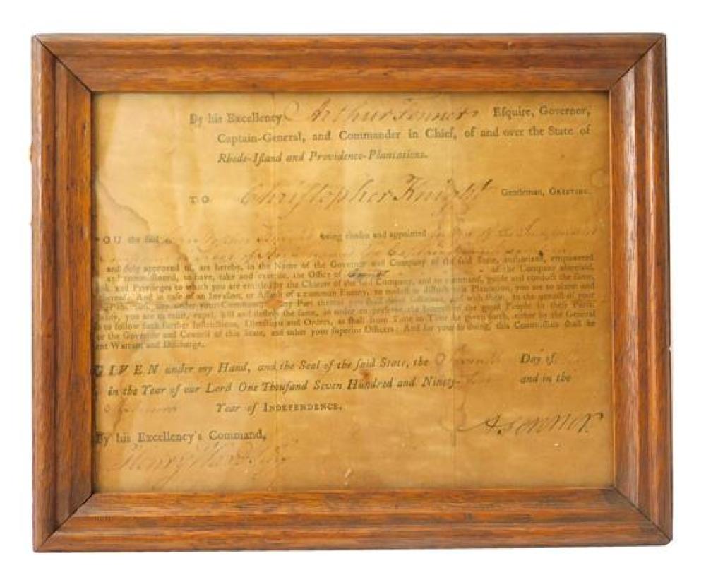 Appraisal: DOCUMENT Rhode Island Military Appointment ordered and signed by Arthur