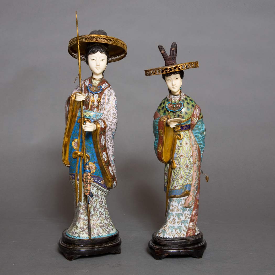 Appraisal: Pair of Chinese Ivory and Cloisonne Maidens th Century Each