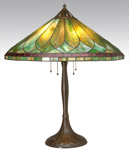 Appraisal: HANDEL Large table lamp its Gothic green amber and ruby