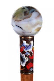 Appraisal: Hard Stone and Cloisonn Enamel Cane -Ca -Plain dendrite agate