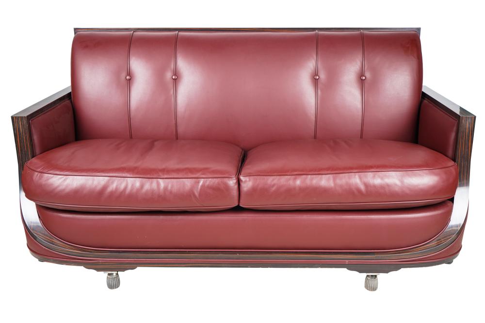 Appraisal: ART DECO STYLE ROSEWOOD SOFAwith burgundy leather upholstery and cast-metal