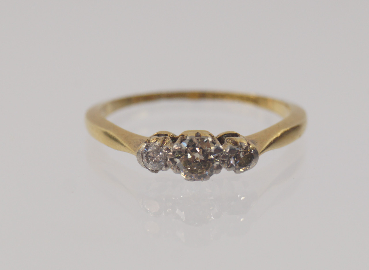 Appraisal: An ct gold three stone diamond ring worn