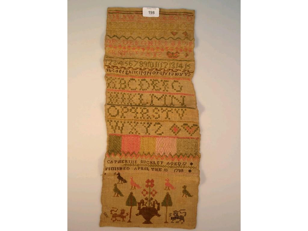 Appraisal: An thC silk needlework sampler by 'Catherine Buckley' aged 'finished