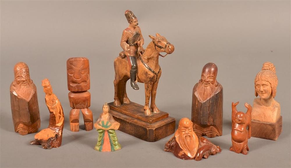 Appraisal: Nine various figural wood carvings Nine various figural wood carvings