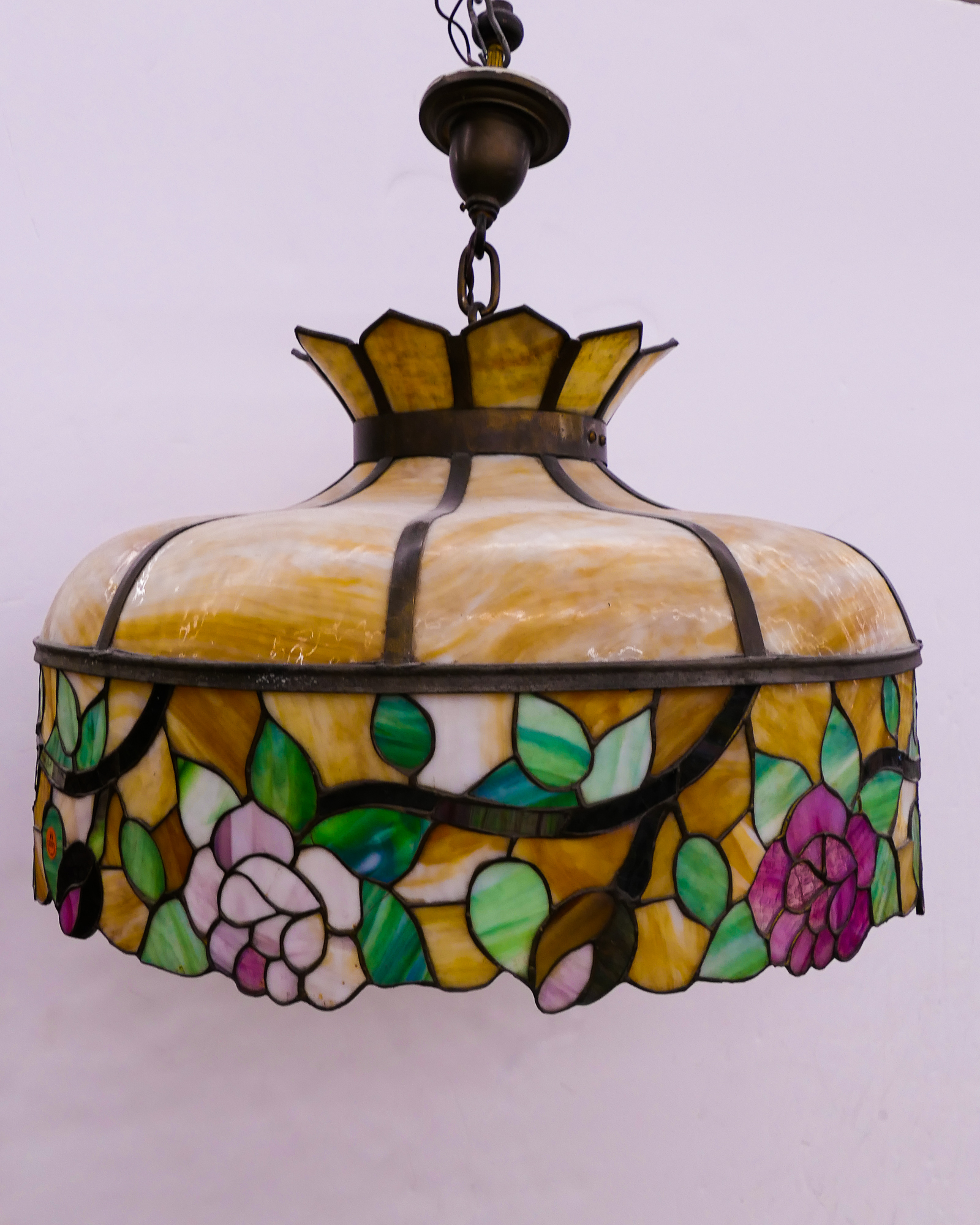 Appraisal: Antique Large Pink Rose Leaded Stained Glass Light Fixture- x