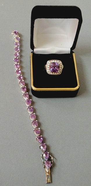 Appraisal: Amethyst and sterling silver ring and bracelet marked - bracelet