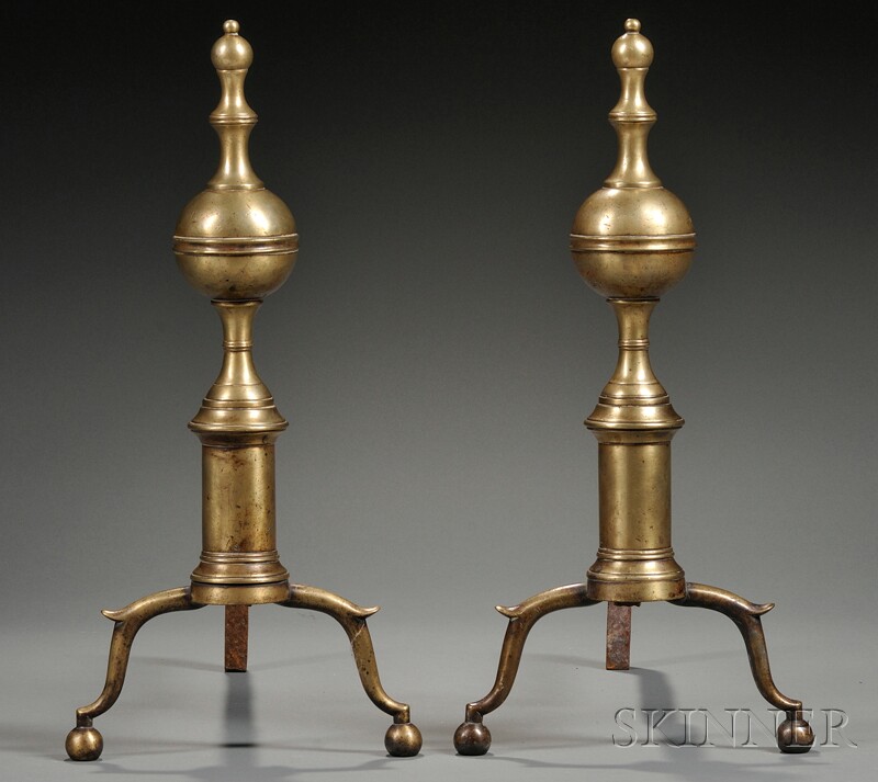 Appraisal: Pair of Brass and Iron Ball-top Andirons R WITHINGHAM N