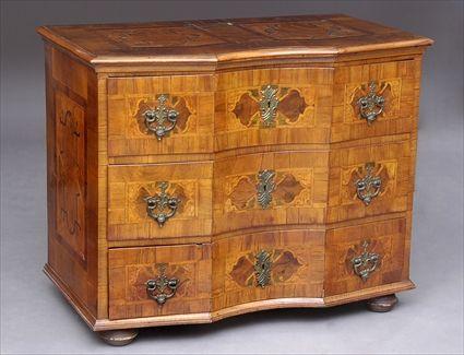 Appraisal: SOUTH GERMAN INLAID COMMODE The scallop-fronted top with fretwork panels