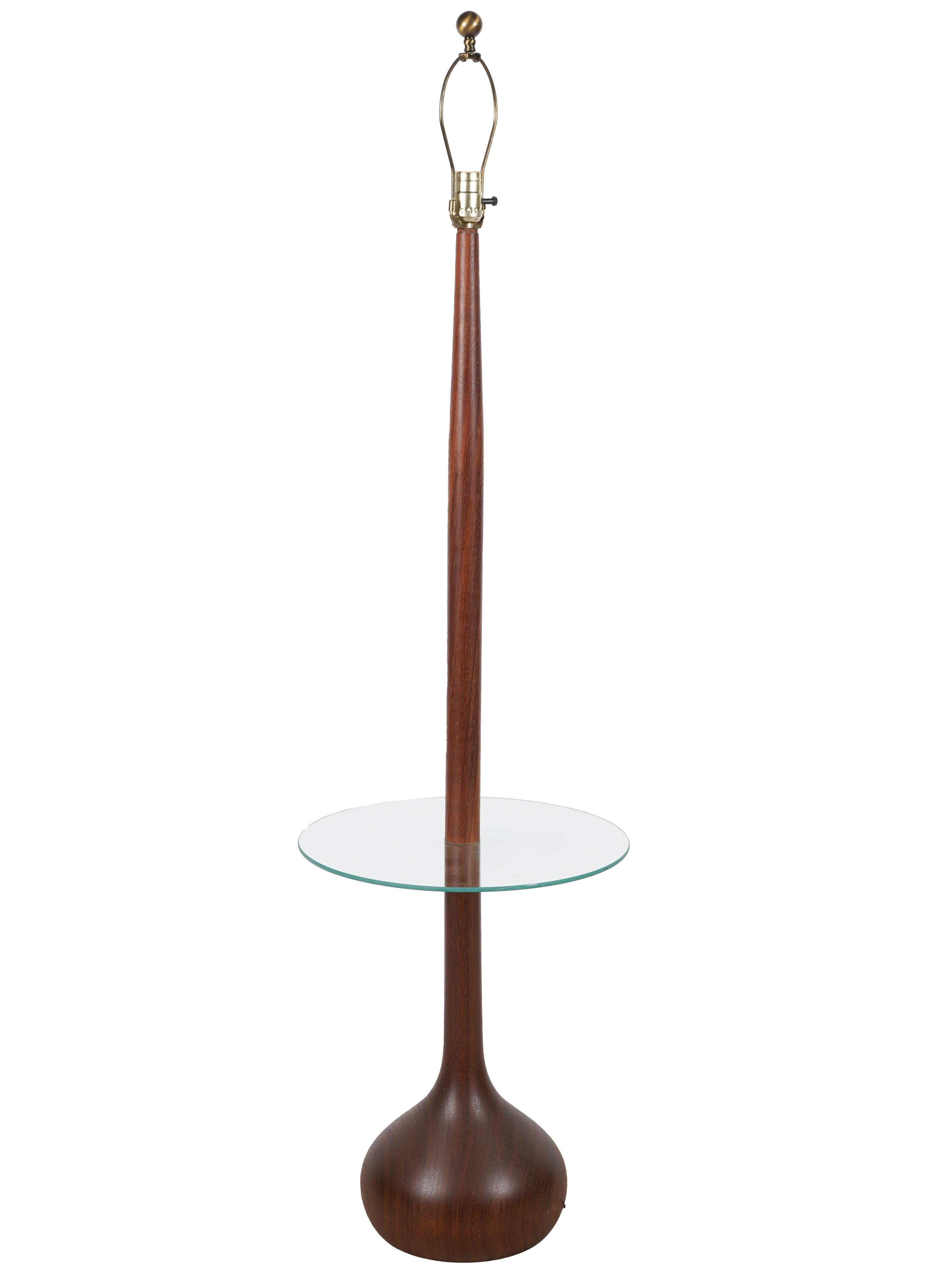 Appraisal: MODERN WOOD FLOOR LAMP TABLE with integral round glass tabletop