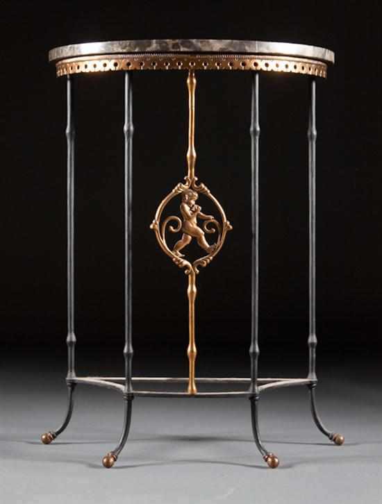 Appraisal: Art Deco style brass and wrought iron marble top demilune