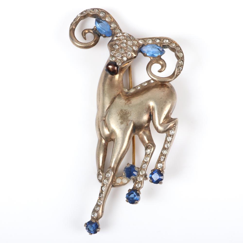 Appraisal: EISENBERG ORIGINAL STERLING VERMEIL RAM FIGURAL PIN BROOCH WITH BLUE