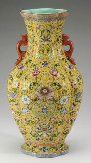 Appraisal: Chinese yellow ground famille rose vase h Chinese famille rose