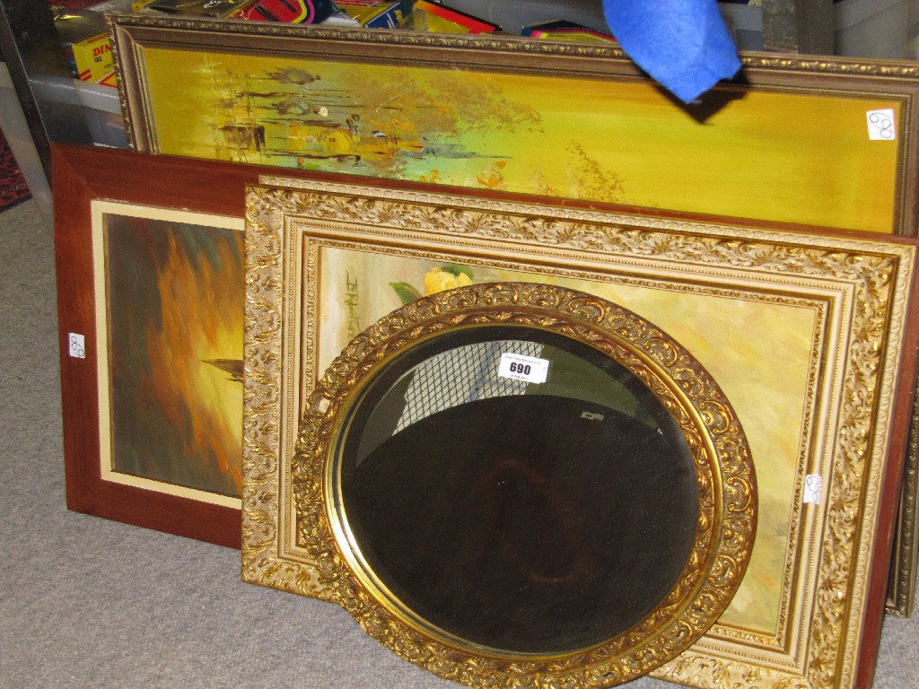 Appraisal: Lot comprising three framed oils and a gilt framed mirror