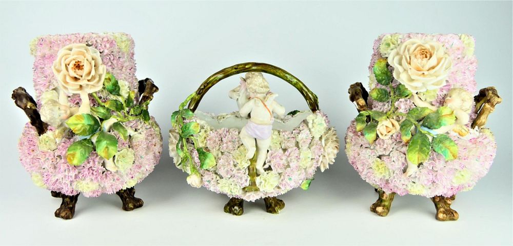 Appraisal: ANTIQUE GERMAN HEAVY SCHNABEL PORCELAIN GARNITURE Lovely antique heavy German