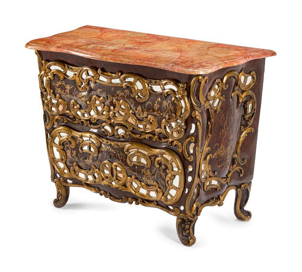 Appraisal: A Venetian Mirror-Inset Painted and Parcel Gilt Faux Marble-Top Commode