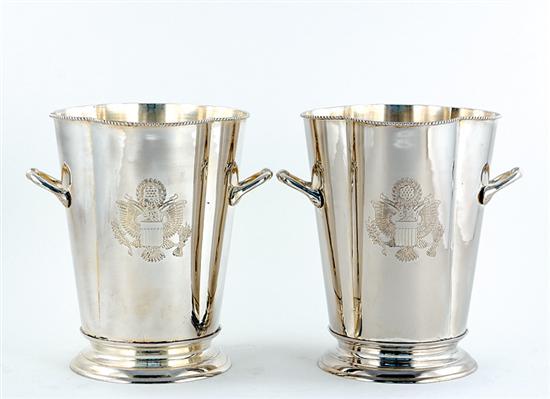 Appraisal: Pair silverplate champagne buckets lobed form with handle on circular