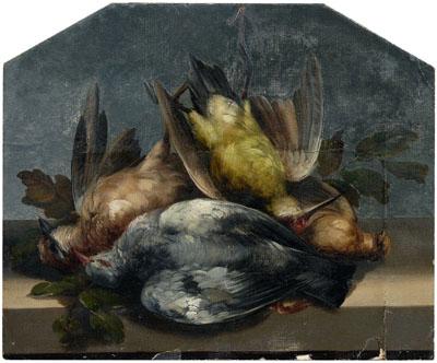 Appraisal: Nature morte painting birds on a ledge unsigned possibly American