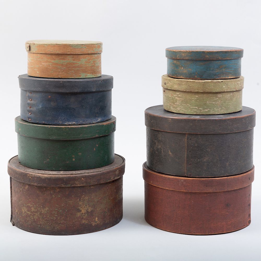 Appraisal: Group of Eight American Circular Painted Wood Pantry Boxes and