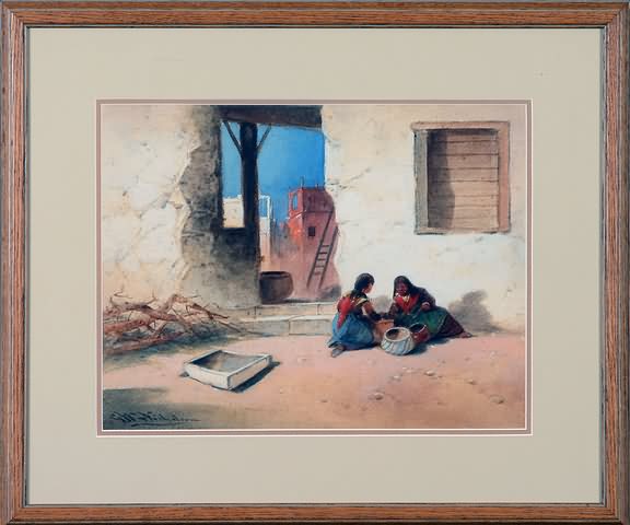 Appraisal: Two young girls sitting by building Mexican scene watercolor x