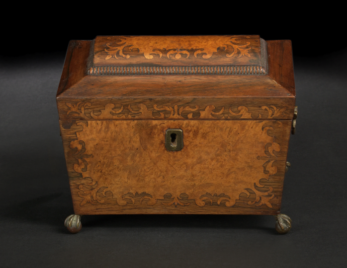 Appraisal: Dutch Brass-Mounted Marquetry and Rosewood Dome-Lidded Tea Box second quarter