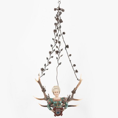 Appraisal: AUSTRIAN PROVINCIAL PAINTED FIGURAL AND ANTLER FOUR-LIGHT CHANDELIER ft in