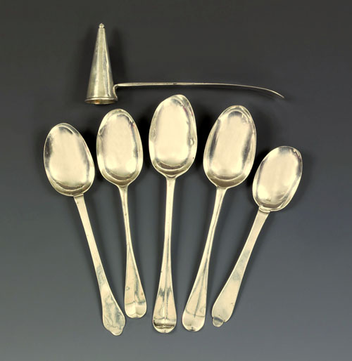 Appraisal: Five American silver spoons th c bearing the touches of