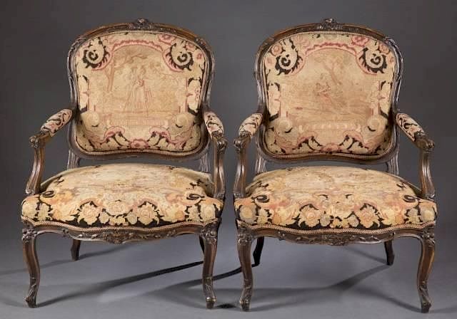 Appraisal: Louis XV style armchairs w needlepoint upholstery A pair of