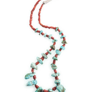 Appraisal: Pueblo Single-strand Coral and Royston Turquoise Nugget Necklaces second half