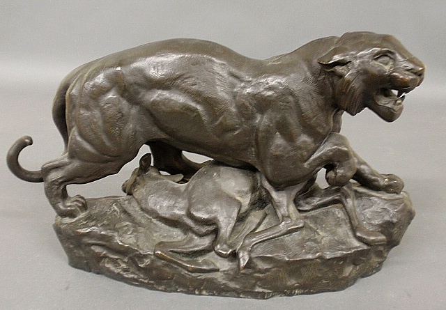 Appraisal: - Large bronze figural group of a large wild cat