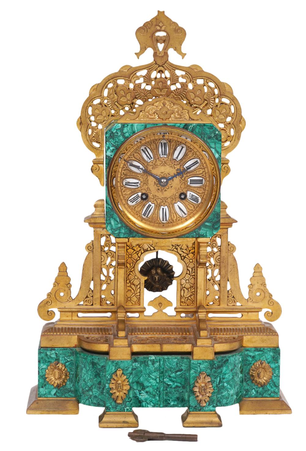 Appraisal: TH CT FRENCH MALACHITE DORE BRONZE MANTEL CLOCKLate th C