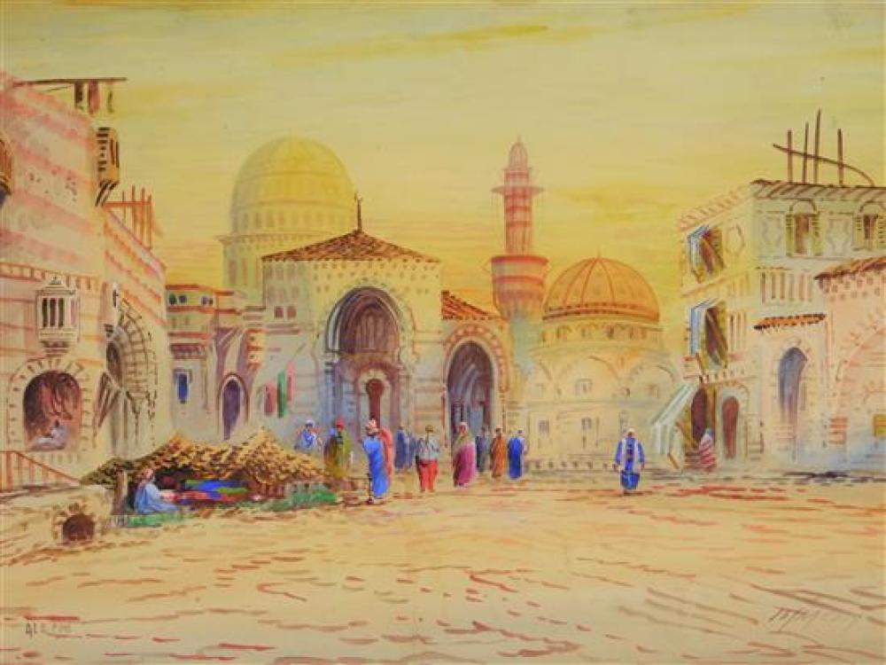 Appraisal: th C watercolor Aleppo Middle Eastern market scene a wide