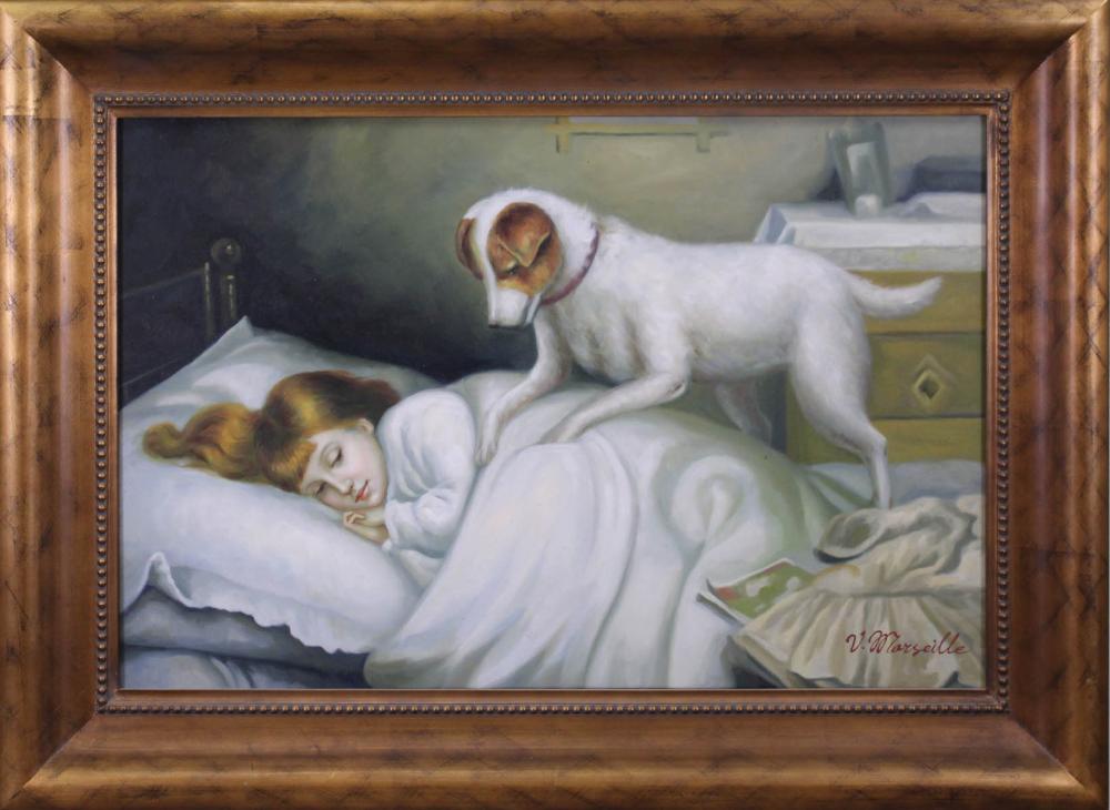 Appraisal: OIL ON CANVAS DOG WAKING A GIRL IN BED signed