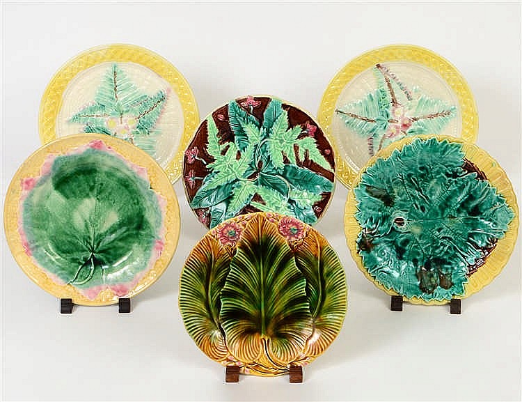 Appraisal: SIX ENGLISH LEAF DECORATED MAJOLICA DISHESLate th th Century Comprising