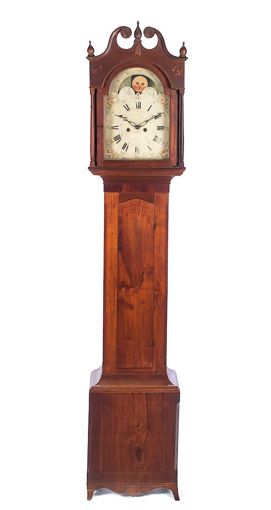 Appraisal: Early Inlaid Sun Moon Dial Grandfather Clock Walnut with simple