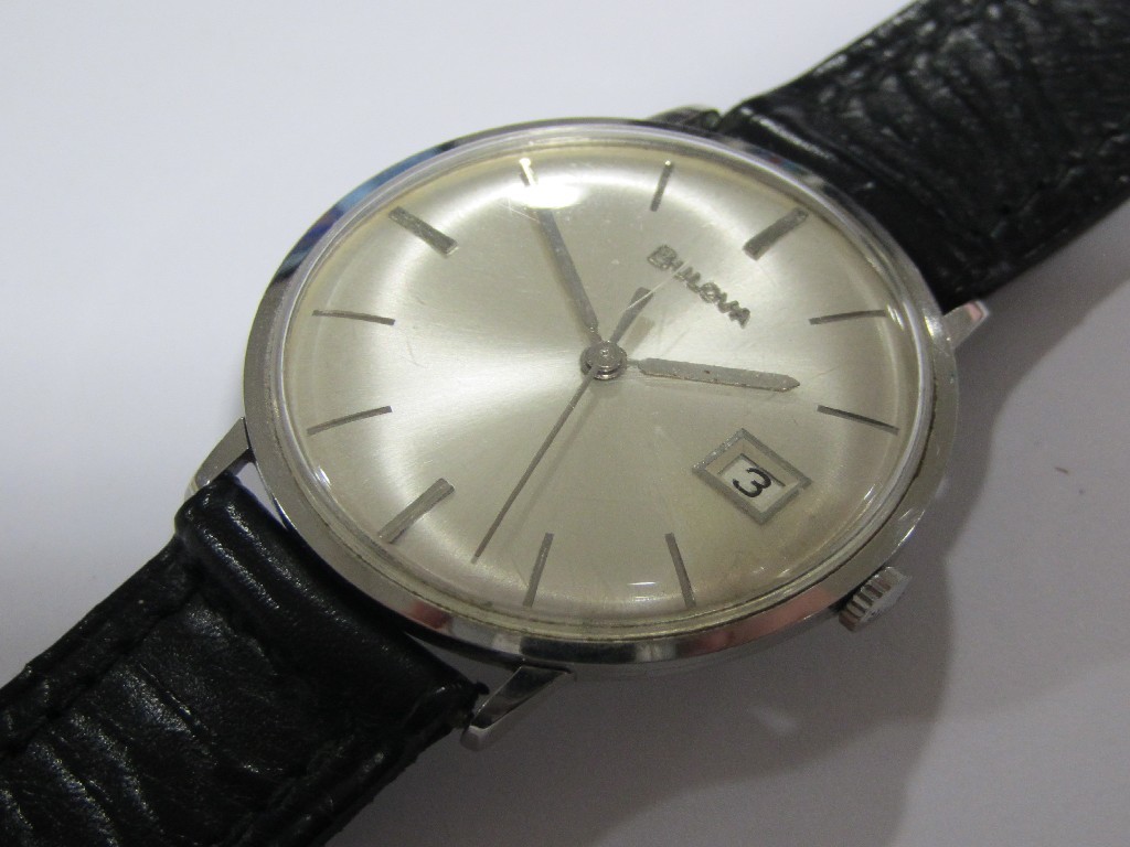 Appraisal: Gents stainless steel Bulova wrist watch with silver dial baton