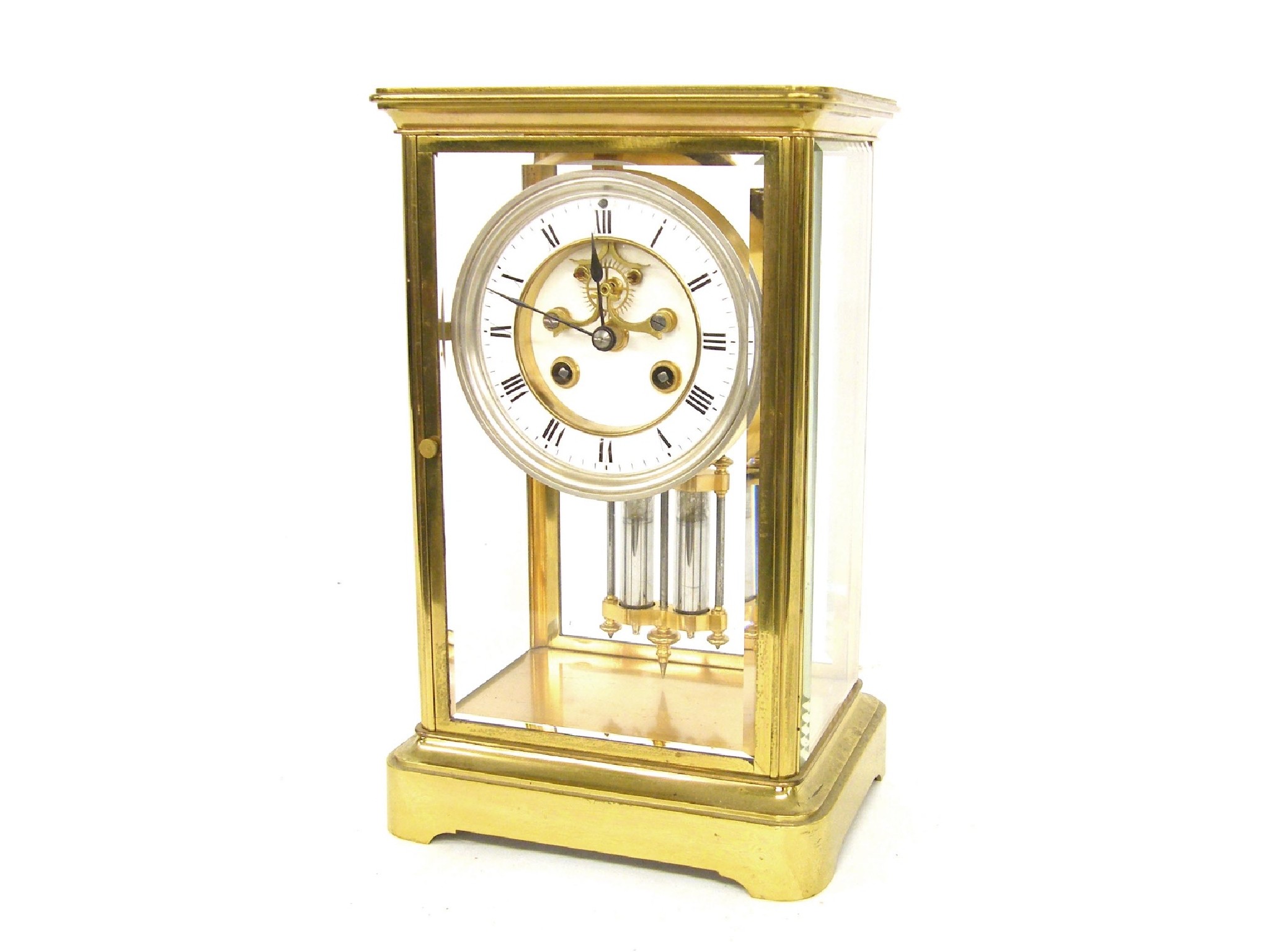 Appraisal: Brass four glass two train mantel clock the Vincenti movement